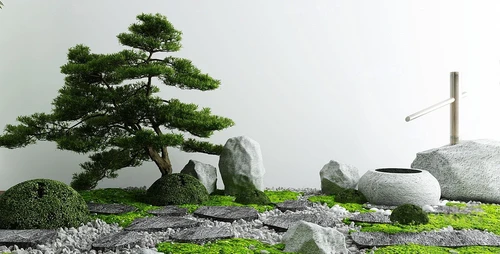新中式松树石头灌木景观小品