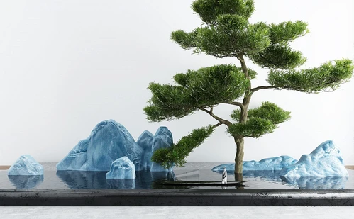 新中式松树假山水景小品