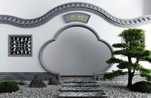 新中式松树月亮门景观小品