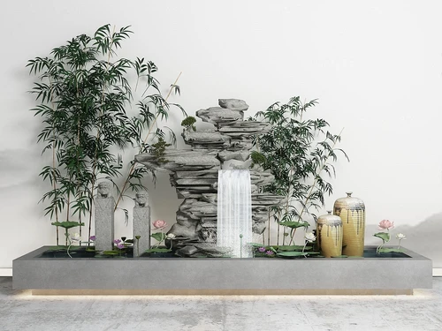新中式假山荷花竹子水景小品