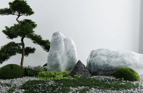 新中式山石松树景观小品