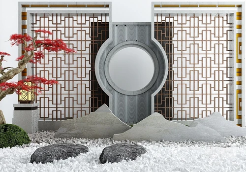 新中式红枫树石块景观小品