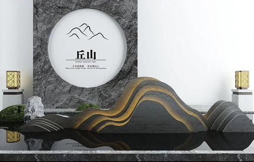 新中式假山灌木水景小品