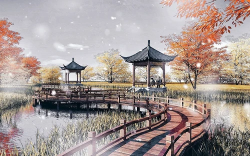 中式木栈道凉亭湿地公园景观