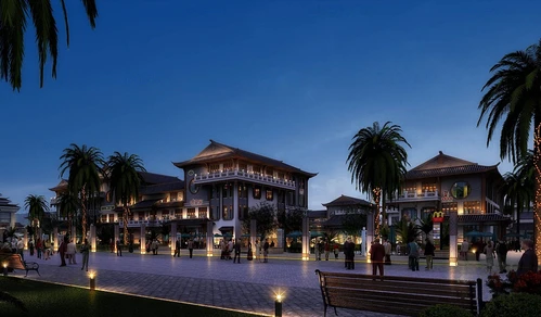 新中式古建商业街夜景
