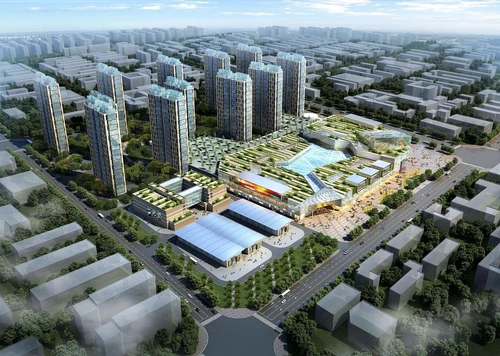 现代商业广场住宅楼鸟瞰规划