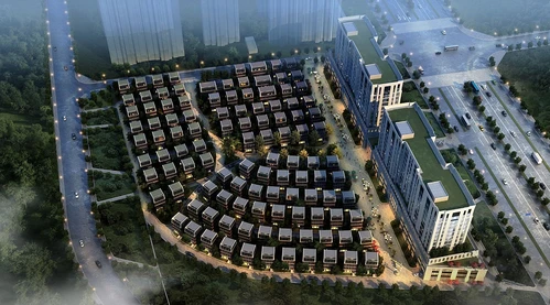 现代别墅小区鸟瞰夜景