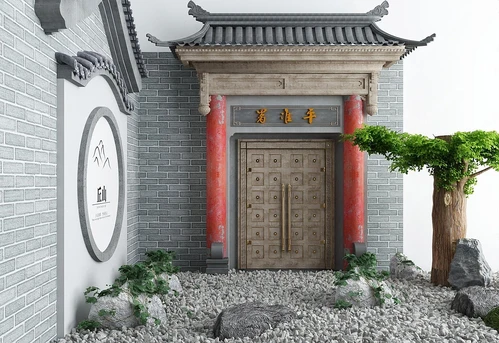 新中式庭院景观牌坊围墙景观小品