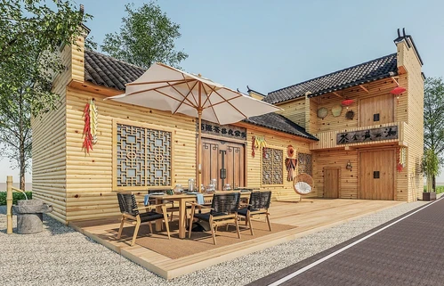 中式竹板瓦片屋顶农家乐