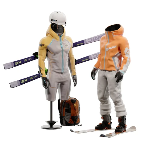 现代滑雪装备运动服装模特