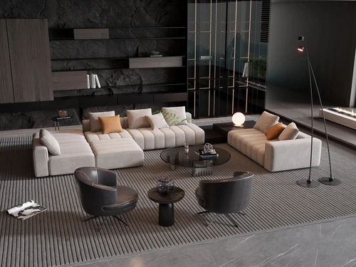 Minotti 现代灰色多人转角沙发茶几组合