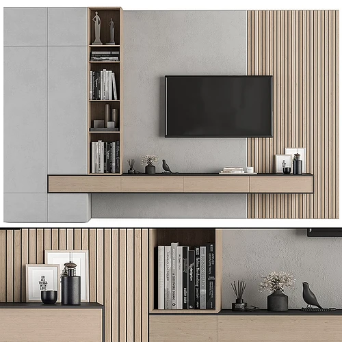 TV Wall white and Wood现代电视柜组合