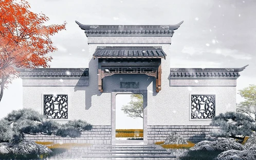 中式徽派古建庭院大门