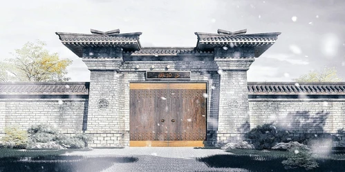 中式古建围墙大门门头