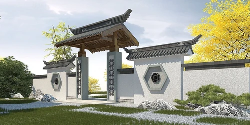 中式古建庭院围墙大门