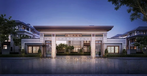 新中式小区大门入口夜景