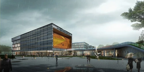 现代学校教学楼实验楼外观雨景