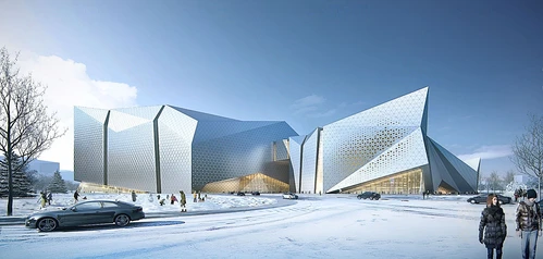 现代异形办公楼建筑外观雪景