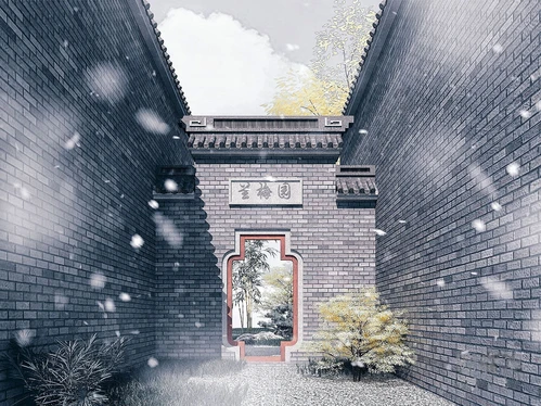中式古建园林入口围墙