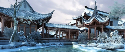 中式古建园林雪景