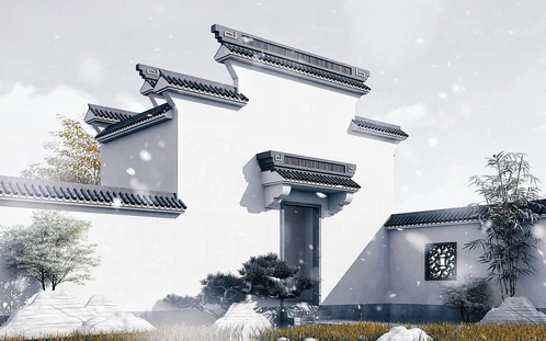 中式徽派古建围墙门头