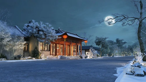 中式古建外观夜景雪景