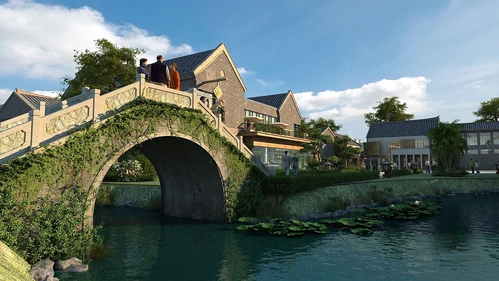 中式古建街道小桥