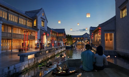 中式古建街道夜景