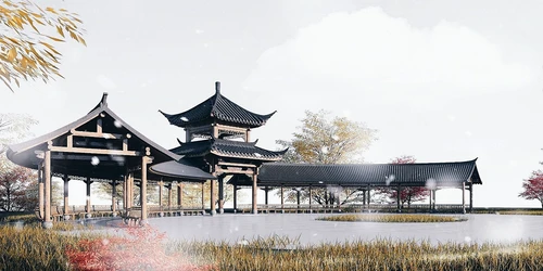 中式古建弧形长廊凉亭