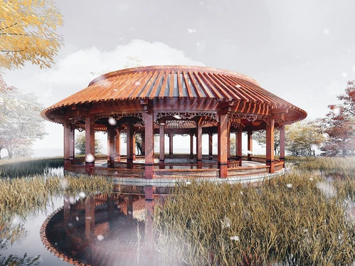 中式古建圆形凉亭景观亭