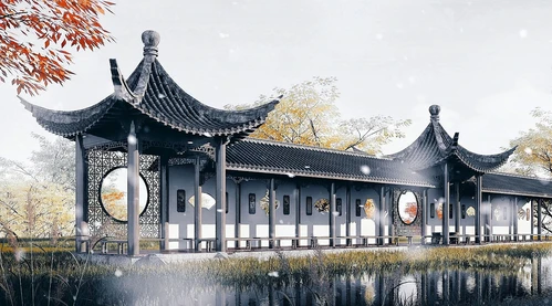 中式古建长廊景观亭