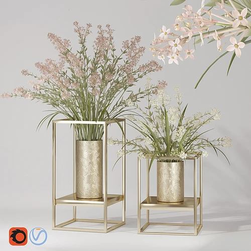 盛开的丁香花花束金属花瓶锅