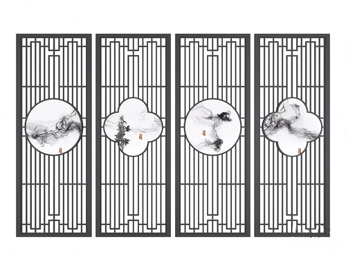 新中式水墨山水屏风3d模型