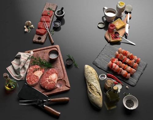 现代面包烤串肉排食品3d模型