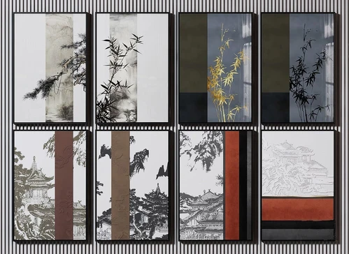 新中式水墨山水装饰画3d模型