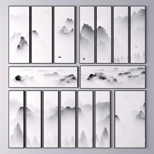 新中式水墨山水装饰画3d模型