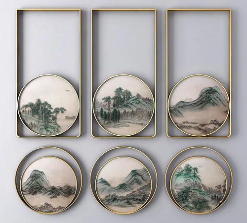 新中式山水圆框装饰画3d模型