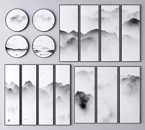 新中式水墨山水装饰画3d模型