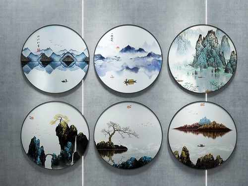 新中式圆形山水装饰画3d模型