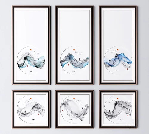 新中式山水装饰画三联画3d模型