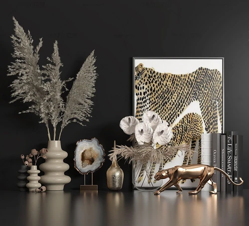 现代豹子雕塑干花摆件3d模型