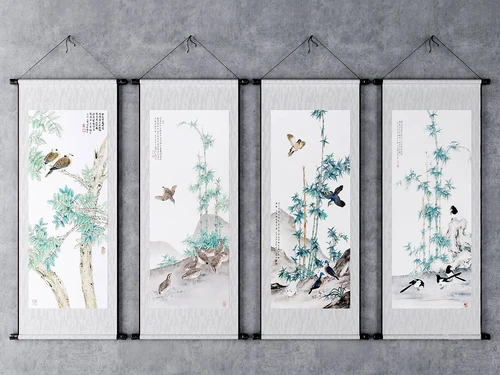新中式竹子飞鸟装饰画3d模型