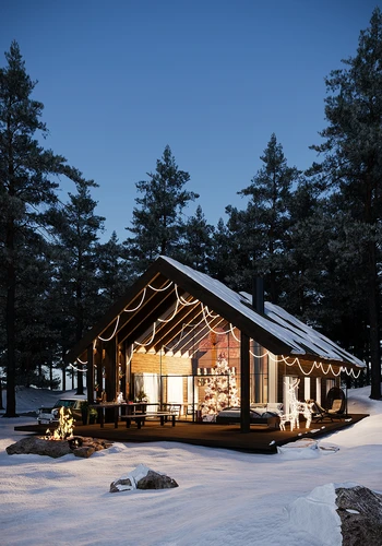 现代雪景夜景木屋