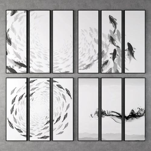 新中式鱼群水墨装饰画3d模型