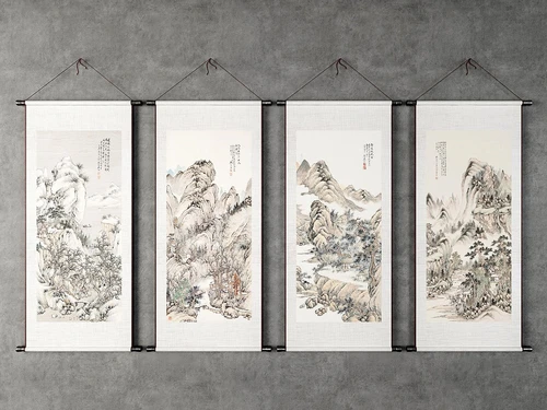 新中式国画山水装饰画3d模型