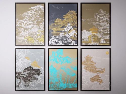 新中式抽象风景装饰画3d模型