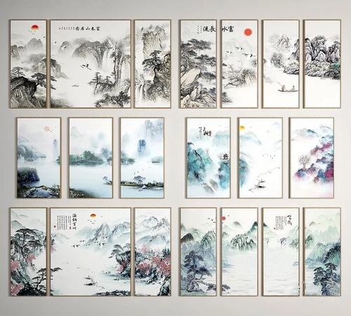 新中式国画山水装饰画3d模型