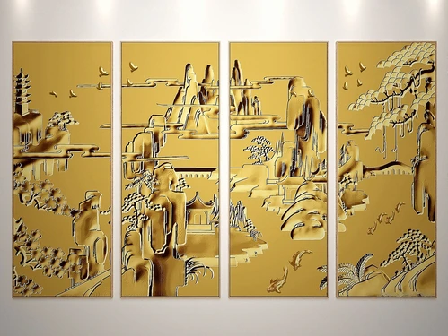 新中式金色凹凸风景挂画3d模型
