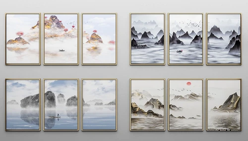 新中式水墨山水装饰画3d模型