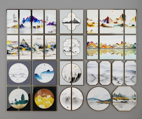 新中式水墨山水装饰画3d模型